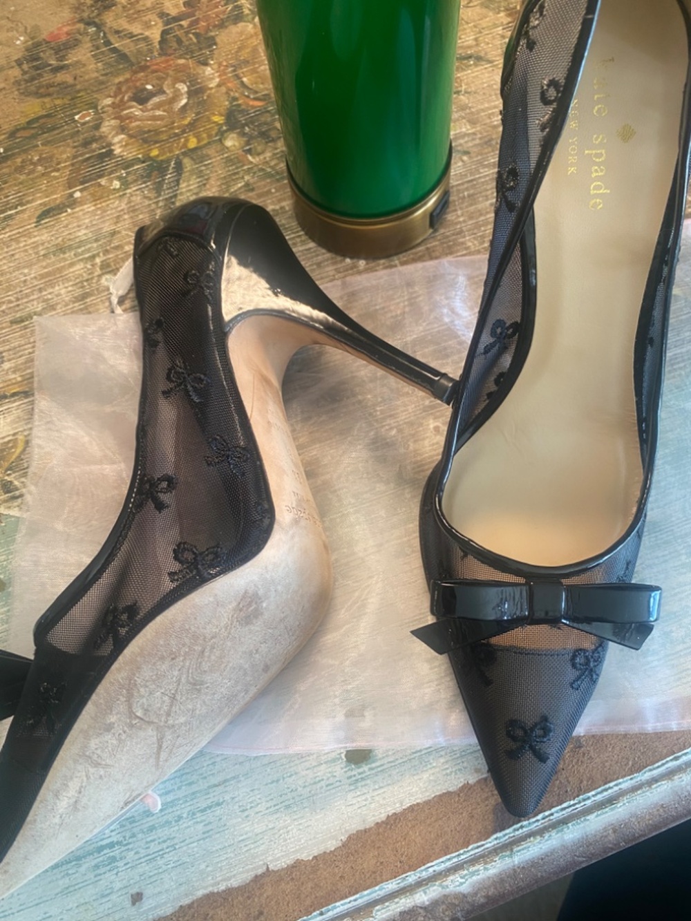 kate spade Black Mesh Pointed-Toe Heels with Bow vintage perfection one wear